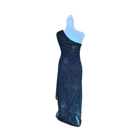 R&M Richards Vintage Maxi Dress One Shoulder Draped Black Silver Sparkle Size 4P - Picture 2 of 16